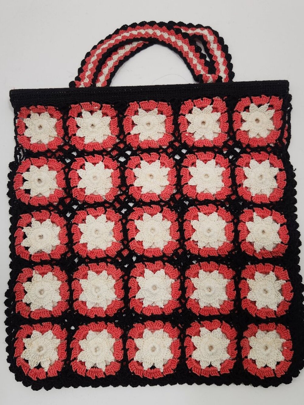 Vintage 70s Unlined Crocheted Granny Square Grocery/Tote Bag